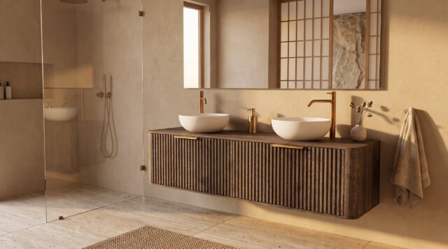 Rond hangend donker eiken badkamermeubel 160 cm met groevenfront, eiken blad en witte solid surface waskom