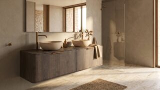 Rond hangend donker eiken badkamermeubel 160 cm met vlak front, eiken blad en beige limestone waskom