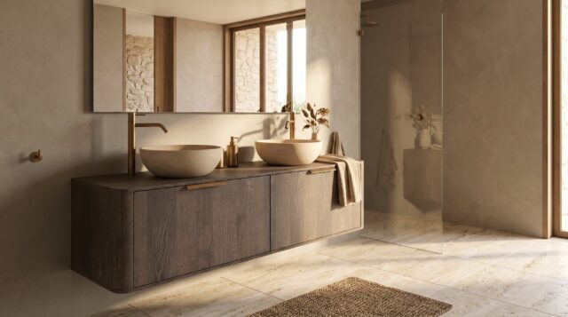 Rond hangend donker eiken badkamermeubel 160 cm met vlak front, eiken blad en beige limestone waskom