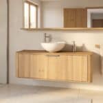 Hangend naturel eiken badkamermeubel 120 cm met ronde hoeken en glanzend witte keramische waskom