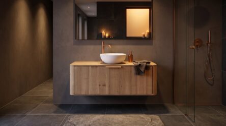 Rond hangend eiken badkamermeubel 120 cm met afgeronde hoeken en ronde witte solid surface opbouwwaskom