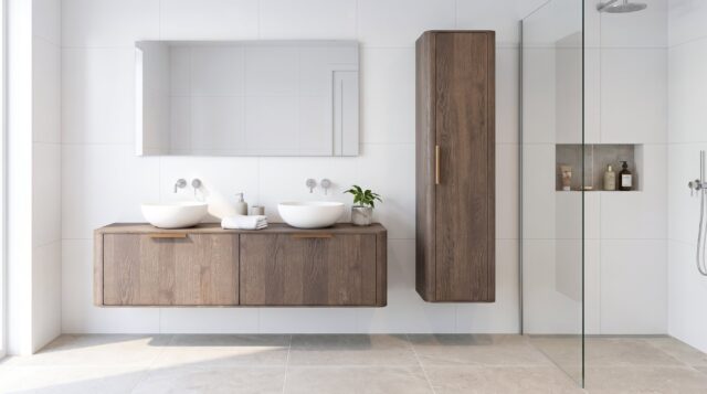 Rond hangend donker eiken badkamermeubel 160 cm met vlak front, eiken blad en witte solid surface waskom