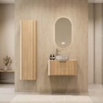 Modern hangend wastafelmeubel 80 cm naturel eiken met ronde hoeken en marmerlook ronde waskom