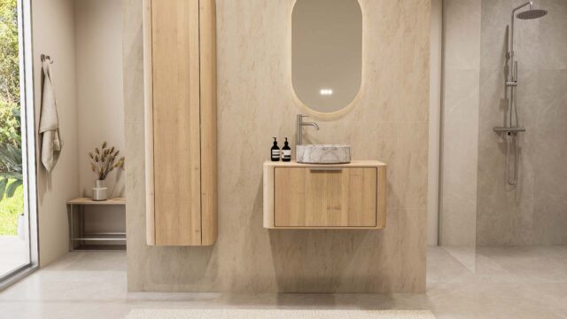 Modern hangend wastafelmeubel 80 cm naturel eiken met ronde hoeken en marmerlook ronde waskom