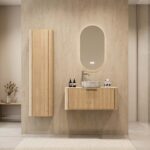 Modern eiken badkamermeubel 100 cm met afgeronde vorm, vlak front en marmerlook keramische waskom