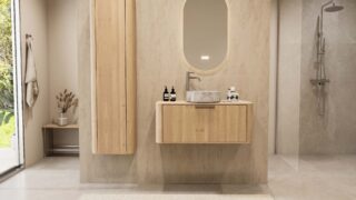 Modern eiken badkamermeubel 100 cm met afgeronde vorm, vlak front en marmerlook keramische waskom