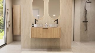 Modern wastafelmeubel 120 cm naturel eiken met afgeronde vorm en twee marmerlook ronde waskommen