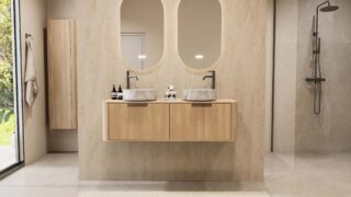 Modern naturel eiken badmeubel 140 cm met ronde hoeken, vlak front en twee marmerlook waskommen