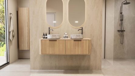 Modern naturel eiken badmeubel 140 cm met ronde hoeken, vlak front en twee marmerlook waskommen