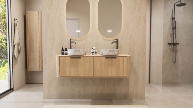 Modern naturel eiken badmeubel 140 cm met ronde hoeken, vlak front en twee marmerlook waskommen