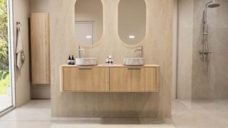 Rond hangend wastafelmeubel 160 cm massief naturel eiken met vlak front en twee marmerlook waskommen