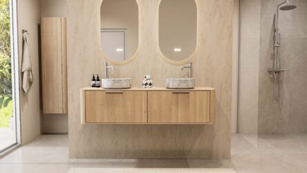 Rond hangend wastafelmeubel 160 cm massief naturel eiken met vlak front en twee marmerlook waskommen