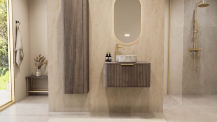 Rond hangend donker eiken badkamermeubel 80 cm met ribbelfront en marmerlook keramische waskom