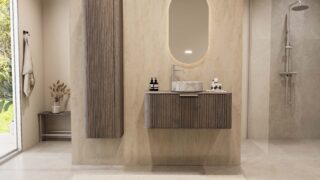 Rond hangend donker eiken wastafelmeubel 100 cm met ribbelfront en marmerlook keramische waskom