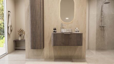 Rond hangend donker eiken wastafelmeubel 100 cm met ribbelfront en marmerlook keramische waskom