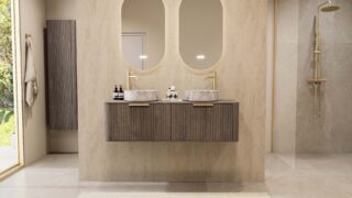 Rond hangend donker eiken badkamermeubel 140 cm met ribbelfront en twee marmerlook ronde waskommen