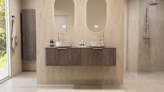 Het Camogli 160 cm badkamermeubel
De Camogli 160 cm is een rond hangend modern badkamermeubel uit de Rounded-serie van Van Heck Badkamers. Het is gemaa