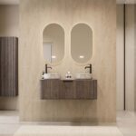 Rond hangend donker eiken wastafelmeubel 120 cm met ribbelfront en twee marmerlook waskommen