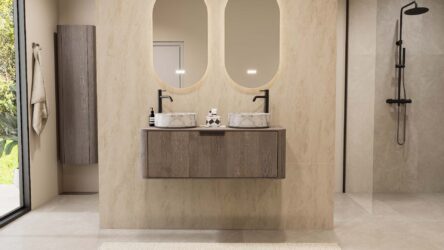 Rond hangend donker eiken wastafelmeubel 120 cm met vlak front en twee marmerlook waskommen