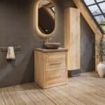 Landelijk massief eiken badkamermeubel 65 cm met beton beige wastafelblad en bijpassende waskom