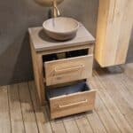 Landelijk massief eiken badkamermeubel 65 cm met beton beige wastafelblad en bijpassende waskom