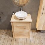 Landelijk massief eiken badkamermeubel 65 cm met eiken wastafelblad en ronde keramische waskom