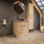 Landelijk massief eiken badkamermeubel 80 cm met beton beige wastafelblad en bijpassende waskom