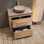 Landelijk massief eiken badkamermeubel 80 cm met beton beige wastafelblad en bijpassende waskom