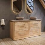 Massief eiken badkamermeubel 160 cm met beton beige wastafelblad en dubbele bijpassende waskommen
