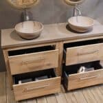 Massief eiken badkamermeubel 160 cm met beton beige wastafelblad en dubbele bijpassende waskommen