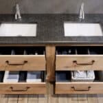 Ruim massief eiken badkamermeubel 160 cm met granieten blad en dubbele bijpassende waskommen