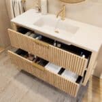 Modern naturel eiken badkamermeubel 120 cm met twee lades en mat witte mineraalstenen wastafel
