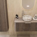 Rond hangend donker eiken wastafelmeubel 100 cm met ribbelfront en marmerlook keramische waskom