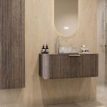 Rond hangend donker eiken wastafelmeubel 100 cm met ribbelfront en marmerlook keramische waskom