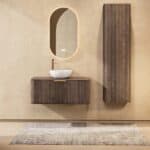 Rond donker eiken badkamermeubel 100 cm met groevenfront, eiken blad en witte solid surface waskom