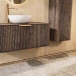 Rond donker eiken badkamermeubel 100 cm met groevenfront, eiken blad en witte solid surface waskom