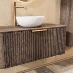 Rond donker eiken badkamermeubel 100 cm met groevenfront, eiken blad en witte solid surface waskom