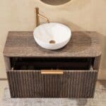Rond donker eiken badkamermeubel 100 cm met groevenfront, eiken blad en witte solid surface waskom