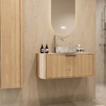 Modern eiken badkamermeubel 100 cm met afgeronde vorm, vlak front en marmerlook keramische waskom