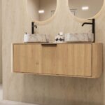 Modern wastafelmeubel 120 cm naturel eiken met afgeronde vorm en twee marmerlook ronde waskommen