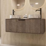 Rond hangend donker eiken wastafelmeubel 120 cm met vlak front en twee marmerlook waskommen