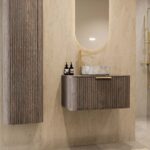 Rond hangend donker eiken badkamermeubel 80 cm met ribbelfront en marmerlook keramische waskom