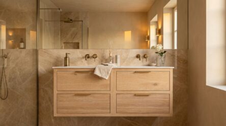 Modern naturel eiken badkamermeubel 140 cm met twee lades en mat witte mineraalstenen wastafel