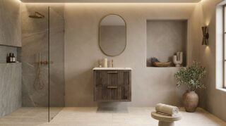 Modern donker eiken badkamermeubel 80 cm met twee lades en mat witte mineraalstenen wastafel