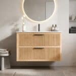 Modern hangend badmeubel 100 cm naturel eiken met groevenfront en twee softclose lades