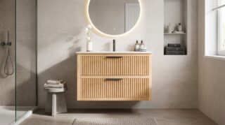 Modern hangend badmeubel 100 cm naturel eiken met groevenfront en twee softclose lades