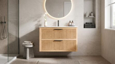Modern hangend badmeubel 100 cm naturel eiken met groevenfront en twee softclose lades