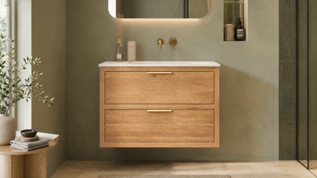 Modern hangend badmeubel 100 cm naturel eiken met vlak front en twee softclose lades