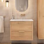 Modern hangend badkamermeubel 80 cm naturel eiken met vlak front en twee softclose lades