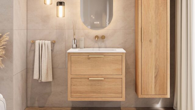 Modern hangend badkamermeubel 80 cm naturel eiken met vlak front en twee softclose lades